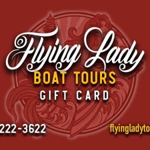Gift card for Flying Lady Boat Tours, with contact number 561-222-3622 and website flyingladytours.com, on a red background.